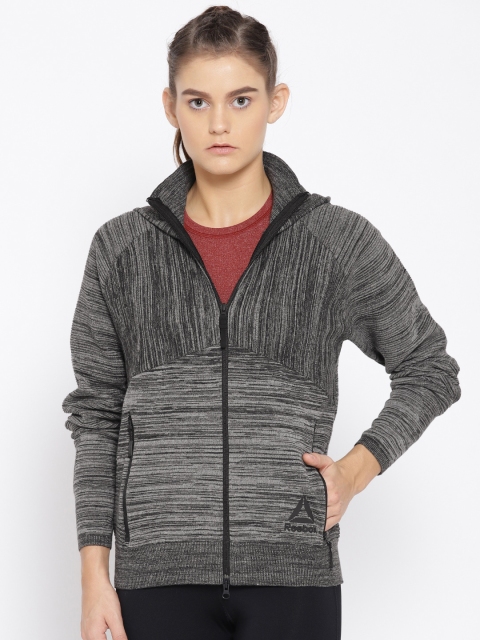 

Reebok Women Grey & Black OS Knit Control Hooded Sweatshirt