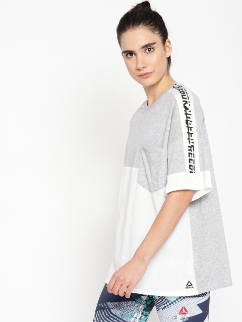 

Reebok Women Grey Melange & White Workout Meet You There Colourblocked Training T-Shirt