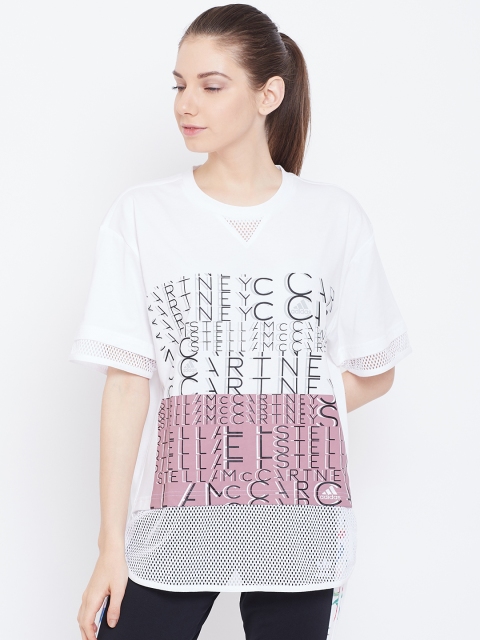 

ADIDAS Stella Mccartney Women White & Pink Logo Printed Longline Training T-Shirt