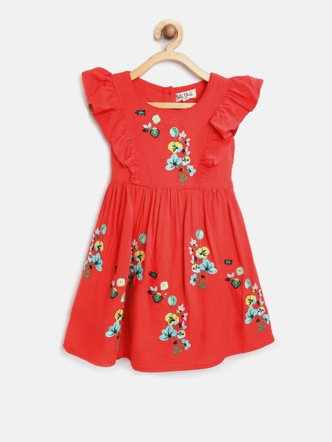 

Bella Moda Girls Red & Sea Green Floral Embroidered Fit and Flare Dress