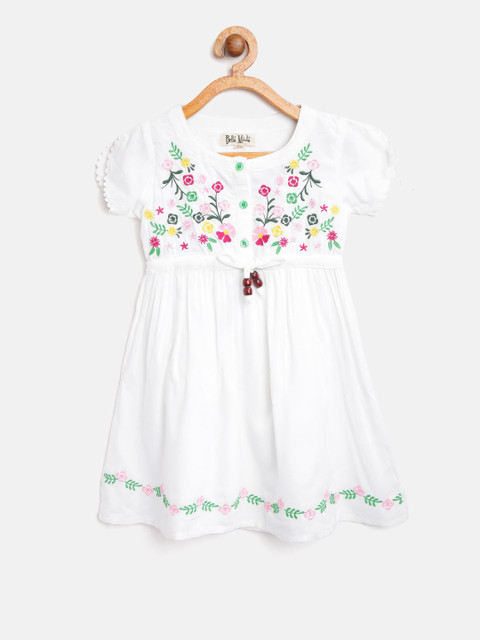 

Bella Moda Girls White & Green Solid Fit and Flare Dress with Floral Embroidered Detail