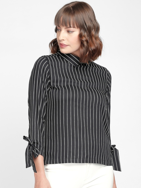 

AND Women Black Striped Regular Top