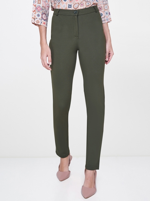 

AND Women Olive Green Regular Fit Solid Regular Trousers