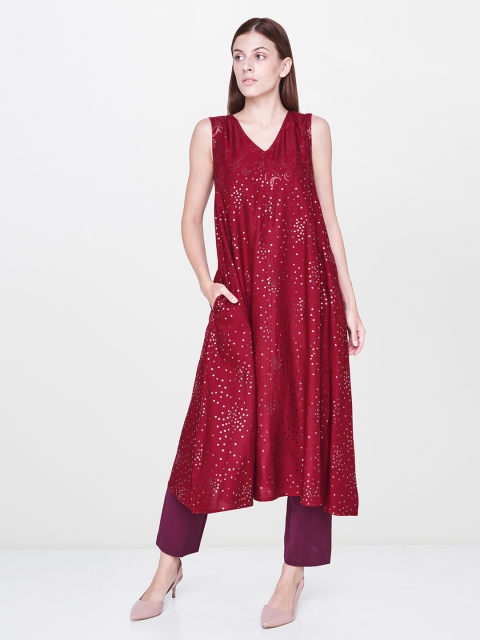 

AND Women Maroon Printed A-Line Fusion Kurta