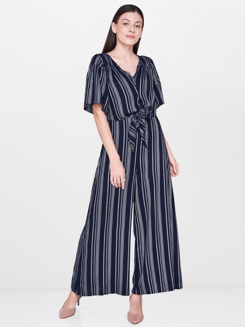 

AND Women Navy Blue & White Striped Basic Jumpsuit