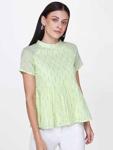 

AND Women Green & White Printed Pure Cotton A-Line Top