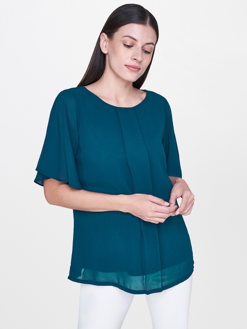 

AND Women Teal Blue Solid Regular Top