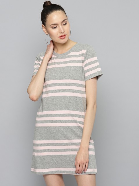 

Besiva Women Grey Melange & Pink Striped T-shirt Dress