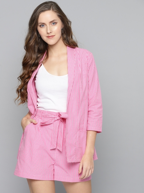 

Besiva Women Pink & White Checked Blazer with Shorts