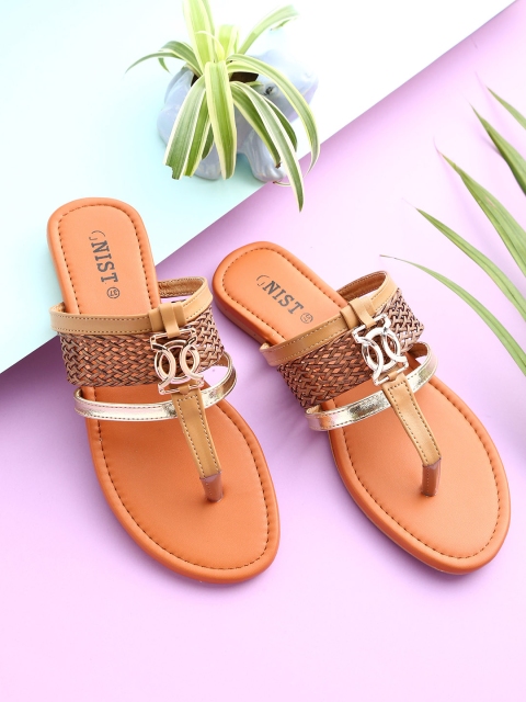 

GNIST Women Tan Brown Woven Design Open Toe Flats