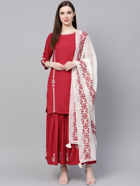 

W Women Red & White Embroidered Detail Kurta With Sharara & Dupatta