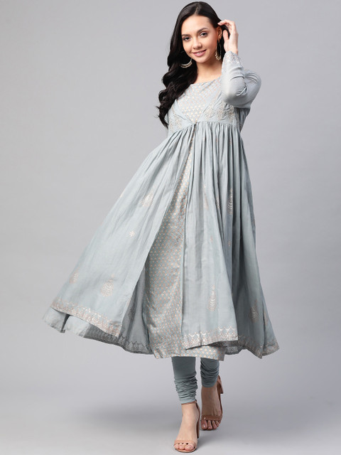 

W Women Blue & Silver Printed Pure Cotton Layered Kurta with Churidar