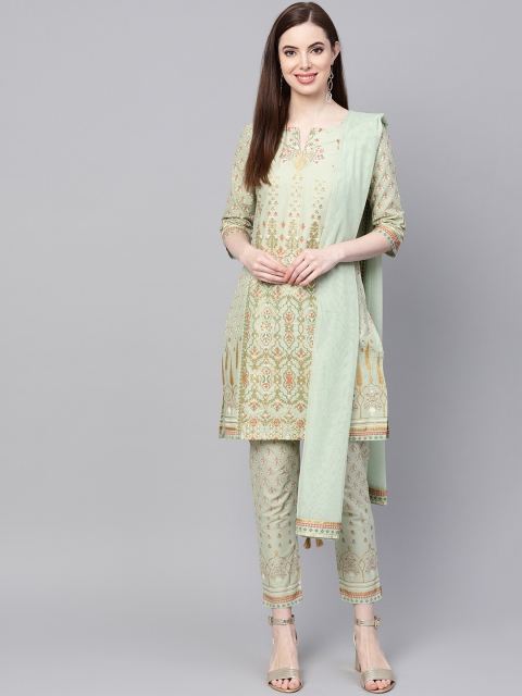 

W Women Sea Green & Coral Orange Printed Kurta with Trousers & Dupatta