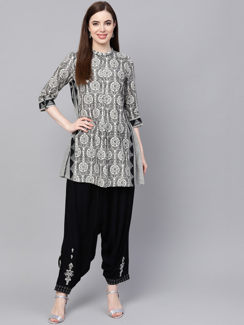 

W Women White & Black Printed Kurti with Patiala