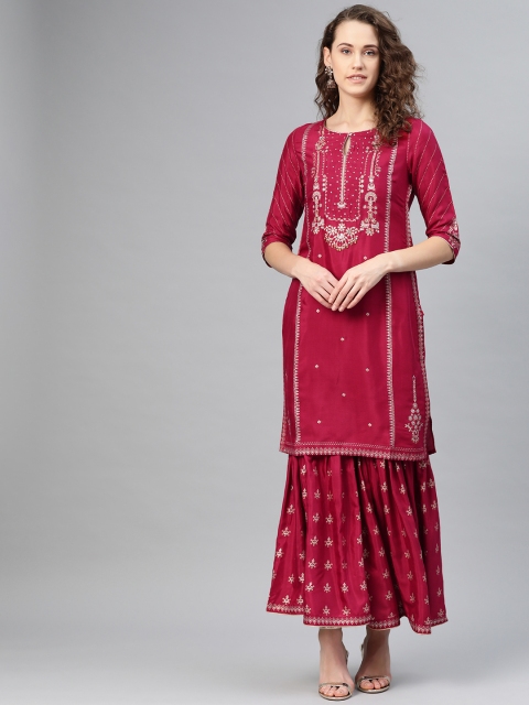 

W Women Maroon & Golden Printed Straight Kurta with Sharara