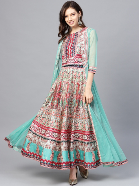 

W Women Green & Red Printed Top with Skirt & Ethnic Jacket