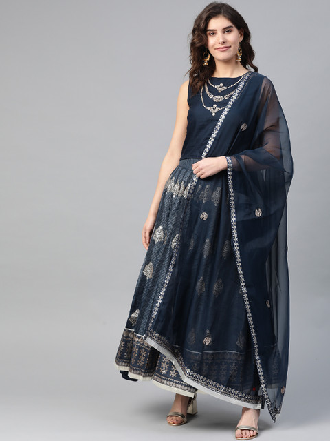 

W Women Navy Blue & Golden Embellished Top with Skirt