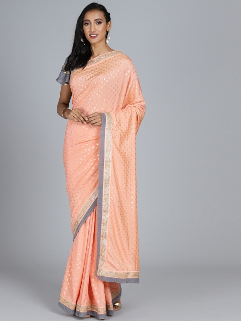 

EthnoVogue Peach-Coloured & Gold-Coloured Printed Made To Measure Saree With Blouse