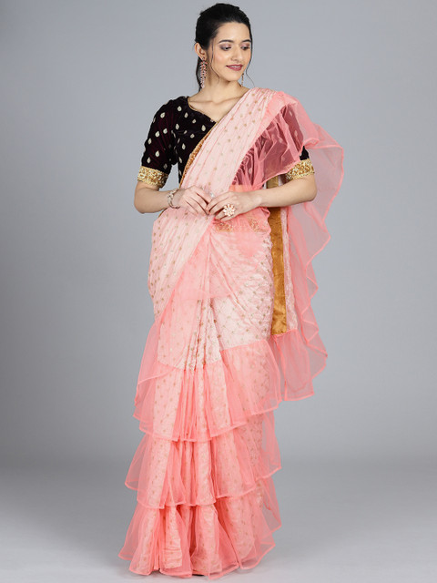 

EthnoVogue Pink & Burgundy Art Silk Embellished Ruffle Saree