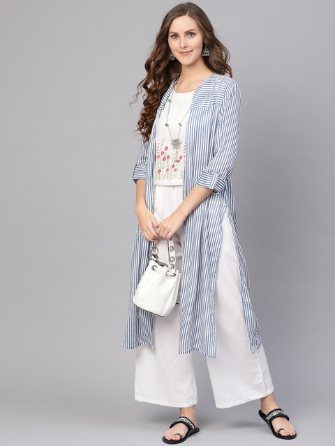 

Varanga Women White Floral Embroidered Top with Ethnic Jacket