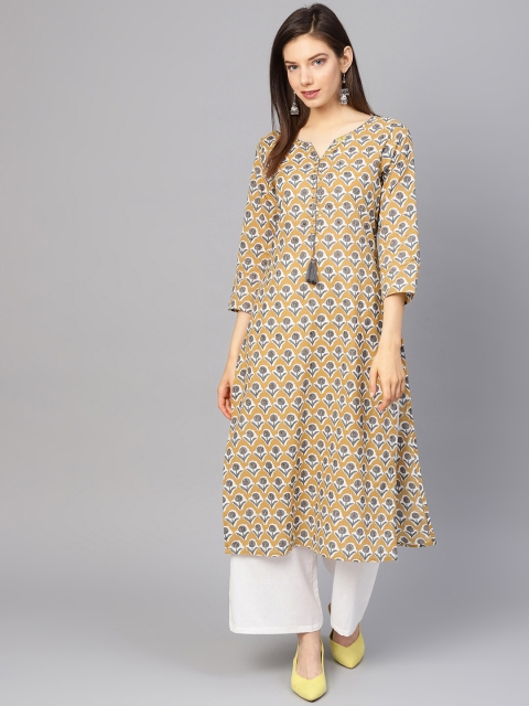 

Varanga Women Mustard Yellow & Charcoal Grey Printed Straight Kurta