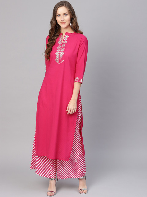 

Varanga Women Fuchsia Pink & White Yoke Design Kurta with Palazzos