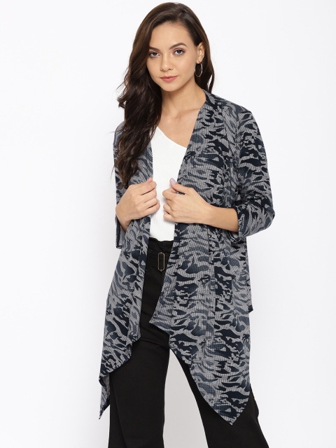 

Purple Feather Women Navy Blue & Off-White Printed Waterfall Shrug