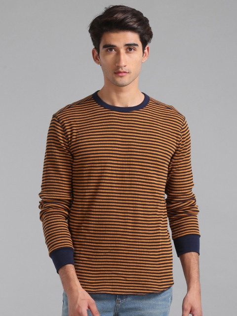 

GAP Men Mustard Yellow Striped Round Neck T-shirt