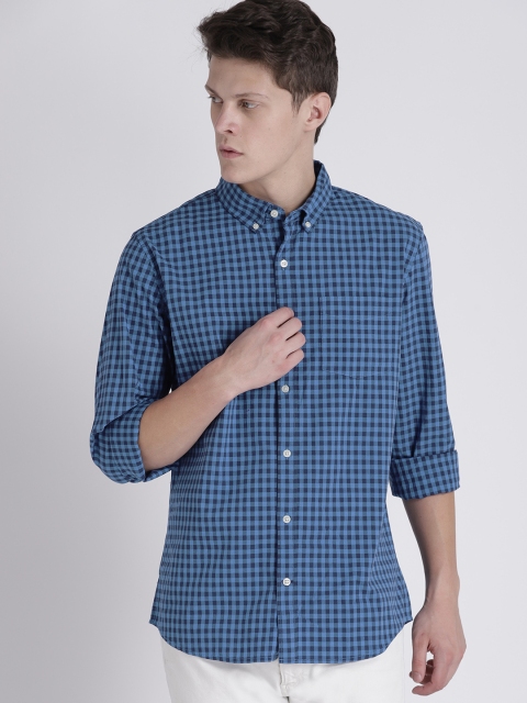 

GAP Men's Checked Lived-In Stretch Poplin Shirt, Blue