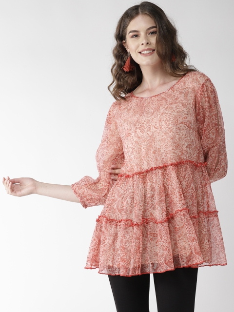 

Antheaa Women Rust Red & Off-White Printed Tiered Top