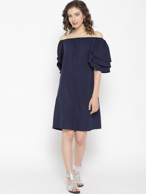 

sassystripes Women Navy Blue Solid Off-Shoulder A-Line Dress