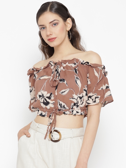 

sassystripes Women Brown & Off-White Floral Print Crop Bardot Top