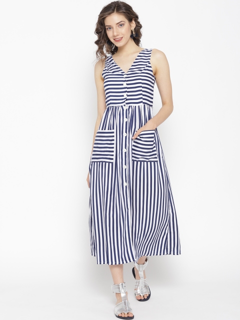

sassystripes Women White & Navy Blue Striped Midi A-Line Dress
