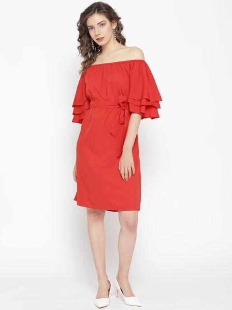

sassystripes Women Red Solid A-Line Off-Shoulder Dress