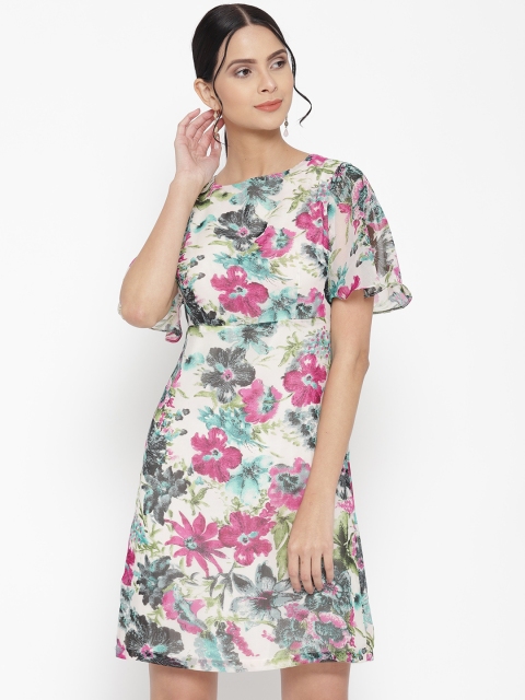 

sassystripes Women Off-White & Pink Floral Print A-Line Dress