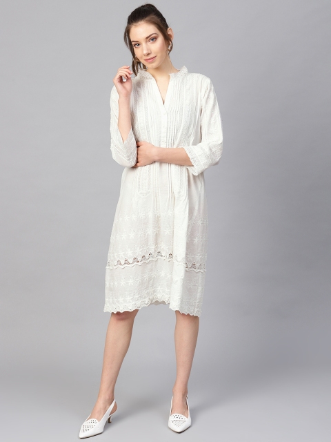 

I AM FOR YOU Women Off-White Embroidered Shift Dress