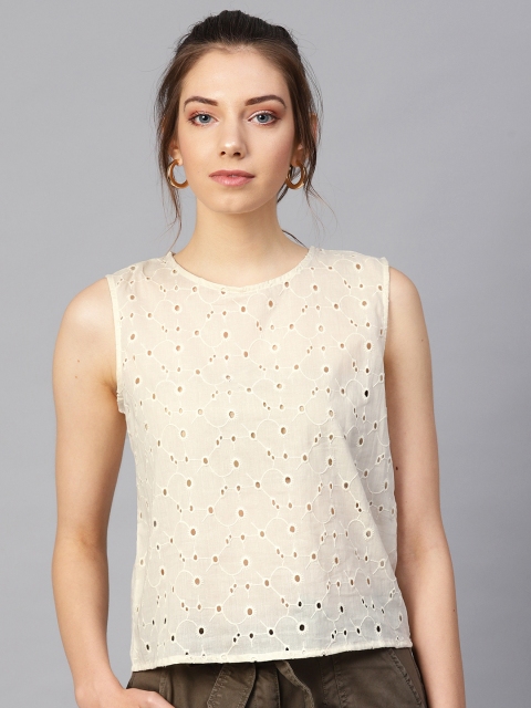 

I AM FOR YOU Women Off-White Schiflli Embroidered Semi-Sheer Top