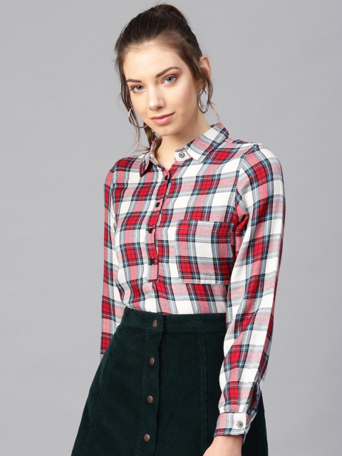 

I AM FOR YOU Women Red & Off-White Checked Shirt Style Pure Cotton Top