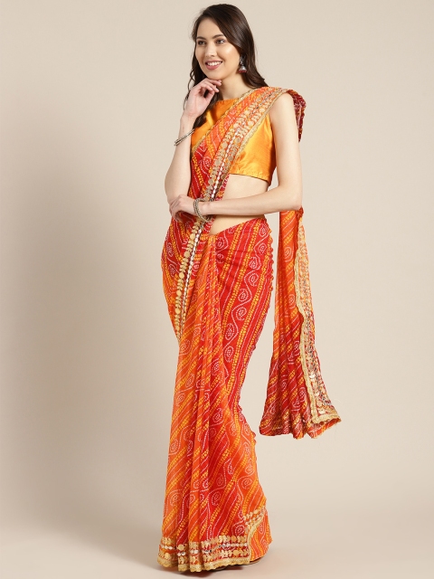 

Tikhi Imli Orange & Mustard Yellow Bandhani Print Saree