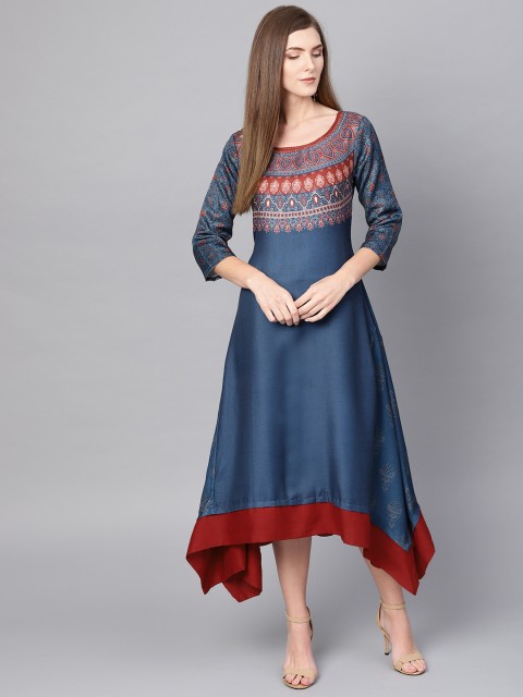 

PINKSKY Women Navy Blue & Maroon Printed A-Line Dress