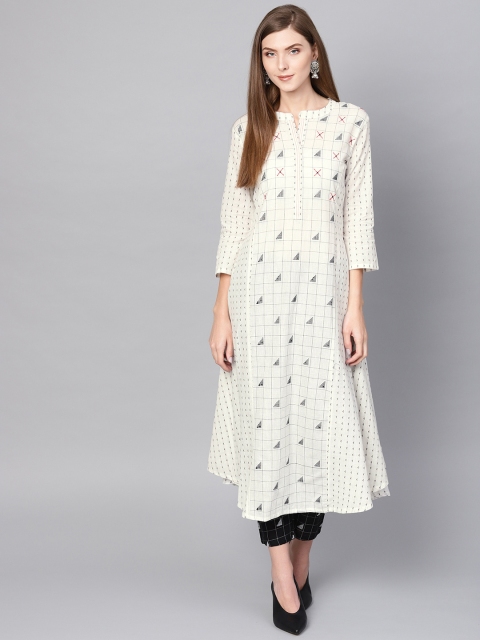 

PINKSKY Women Off-White & Black Self Design Kurta with Cropped Trousers