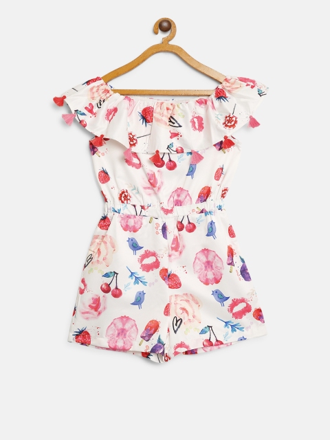 

Natilene Girls White & Pink Printed Off-Shoulder Playsuit