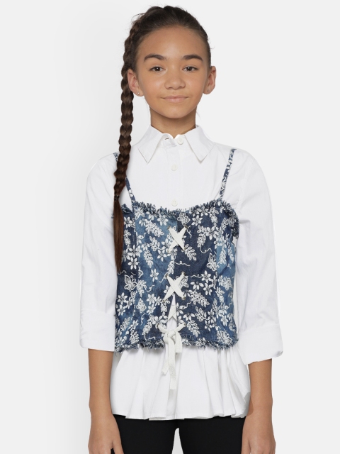 

Natilene Girls White & Blue Regular Fit Solid Casual Shirt With A Corset Top