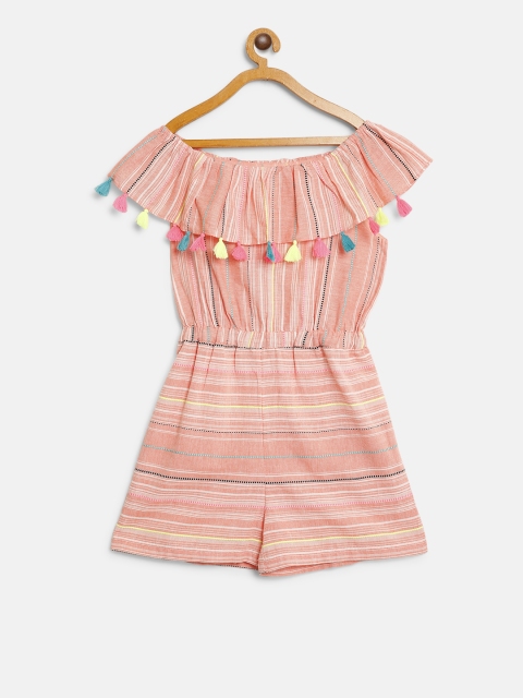 

Natilene Girls Peach-Coloured & White Self-Striped Off Shoulder Playsuit