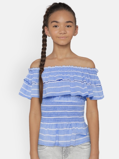 

Natilene Girls Blue Striped Bardot Pure Cotton Top