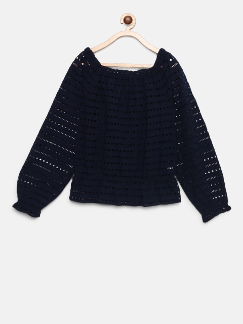 

Natilene Girls Navy Blue Schiffli Embroidered Semi-Sheer Bardot Pure Cotton Top
