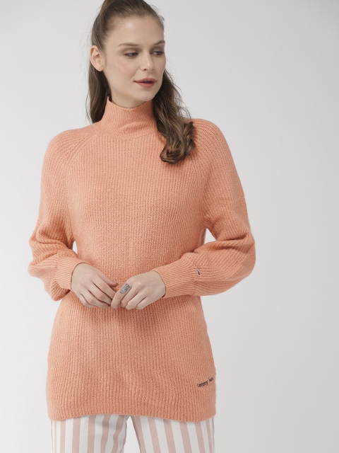 

Tommy Hilfiger Women Peach-Coloured Striped Longline Pullover Sweater