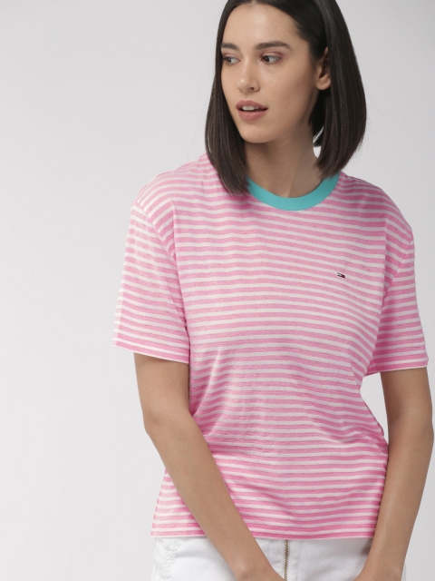 

Tommy Hilfiger Women White & Pink Striped Round Neck T-shirt