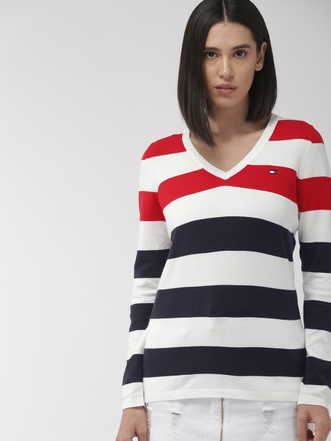 

Tommy Hilfiger Women White & Navy Blue Striped Pullover Sweater
