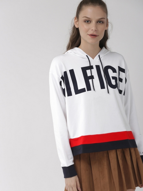 

Tommy Hilfiger Women White & Navy Blue Printed Hooded Lightweight Sweatshirt